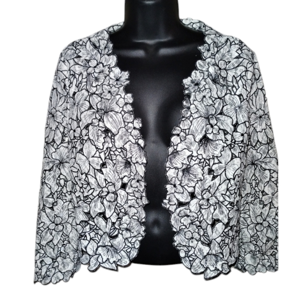 Albert Nipon Evening, black and white cut out flowers jacket size 8